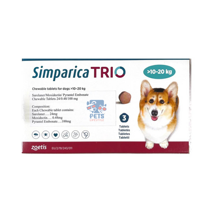 Zoetis Simparica Trio Dog Tick and Flea Control Tablet 10 - 20 kg - (1 Tab)