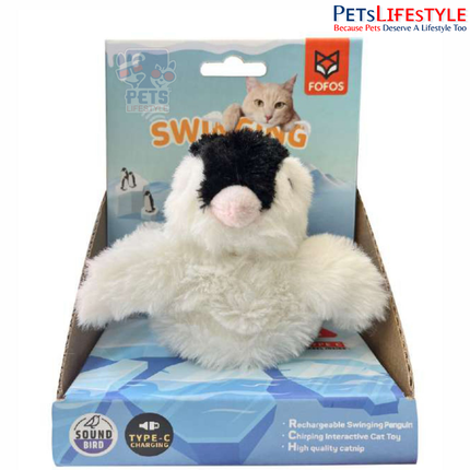 FOFOS Swinging Penguin Automatic Cat Toy – White, Interactive Flapping Toy with Bird Sounds, Catnip & Type-C Charging