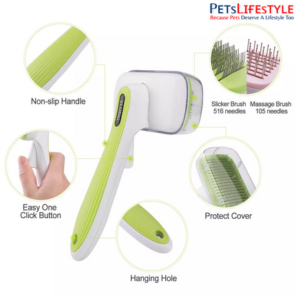 Petaholic Auto-Clean Pet Slicker Brush for Dogs & Cats | Stainless Steel Grooming Brush | One-Click Self-Cleaning | Removes Loose Fur, Mats & Tangles