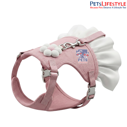 Pink Ruffled Cat & Small Dog Harness Dress with Leash | Adjustable Anti-Escape Step-In Pet Vest