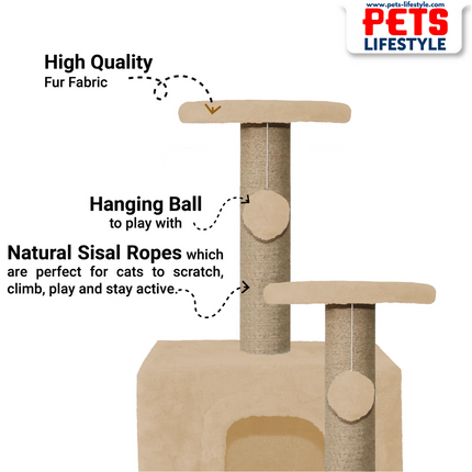 Canine Desk Soft Fur Activity Cat Tree – Natural Sisal Scratching Posts & Hanging Ball Toys
