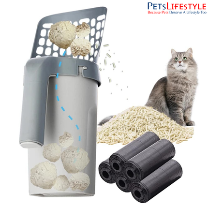 Integrated Cat Litter Scoop with Built-In Garbage Bag Box – All-in-One One-Hand Cleaning System (Grey)