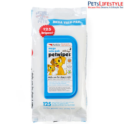 Petkin Pet Wipes Mega Value Pull Pack – 125 Wipes for Dogs & Cats