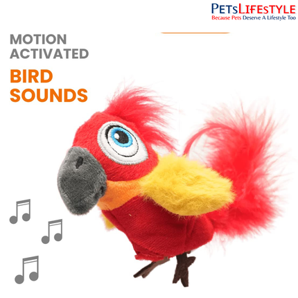 FOFOS Parrot Cat Toy – Interactive Plush Bird with Motion-Activated Sounds, Real Feathers & 3 Organic Catnip Balls, Red