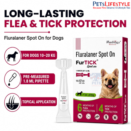 FurTICK Fluralaner Spot On for Dogs 10–20 kg , 1.8 mL pipette for long-lasting flea and tick protection.