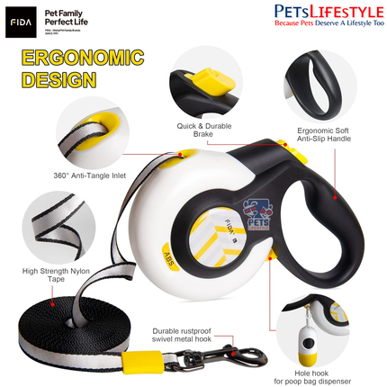 FIDA AutoBrake Retractable Dog Leash 16ft Safety Lock