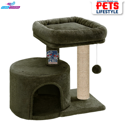 Compact Cat Tree with Scratching Post, Condo & Dangling Toy Ball – Plush Fabric (Small Space Friendly)