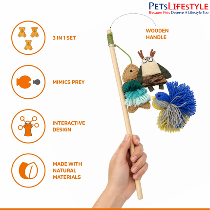 FOFOS Natural Cat Toy – Blue Bird & Fish with Wand