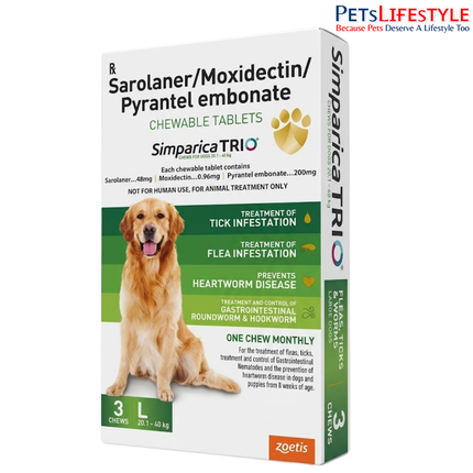 Zoetis Simparica Trio Dog Tick and Flea Control Tablet (pack of 3 tablets)