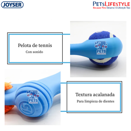 JOYSER Bone Rubber with Replaceable Tennis Ball & Squeaker Dog Toy – Blue/Orange (S)
