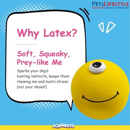 Squeeezys Latex Monster Ball Yellow Squeaky Dog Toy – Natural Latex Rubber Play Toy for Dogs