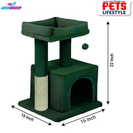 FURRLOVERS Condo Kitten Cat Tree – Plush Fur Fabric, Top Perch, Hanging Ball & Scratching Post (12x12 Inch Condo)
