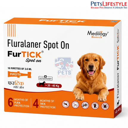 FurTICK Fluralaner Spot On for Dogs (20–40 kg) | 3.6 ml Pipette | Long-Lasting Tick & Flea Protection