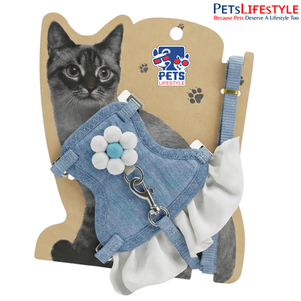 Blue Ruffled Cat & Small Pet Harness with Leash | Adjustable Anti-Escape Vest with Flower Detail