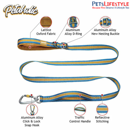Petaholic Outdoor Tracker Series Dog Leash Plateau | Reflective Adjustable Leash with Dual Padded Handles & Click-Lock Hook