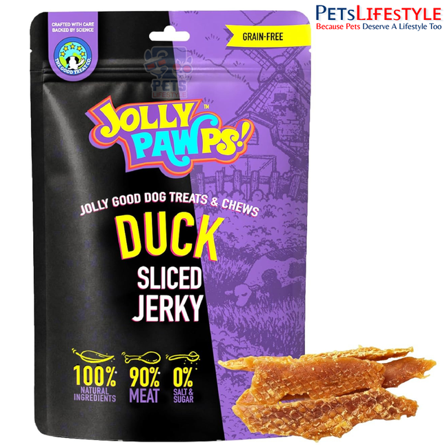 Jolly Pawps Duck Sliced Jerky Dog Treats 85 g – 90% Duck Breast, Grain-Free & Gluten-Free Training Treats for Dogs and Puppies