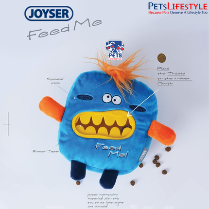 JOYSER Feed Me Bobby Treat Plush Dog Toy with Squeaker – Blue/Yellow (M/L)