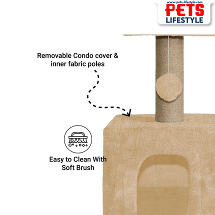 Canine Desk Soft Fur Condo Activity Cat Tree – Sisal/Jute Scratching Post with Hanging Ball