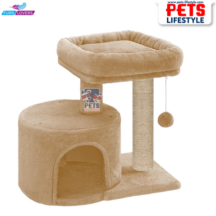 Compact Cat Tree with Scratching Post, Condo & Dangling Toy Ball – Plush Fabric (Small Space Friendly)