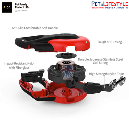 FIDA Mars Retractable Dog Leash – Red – Anti-Twist Heavy Duty Reflective