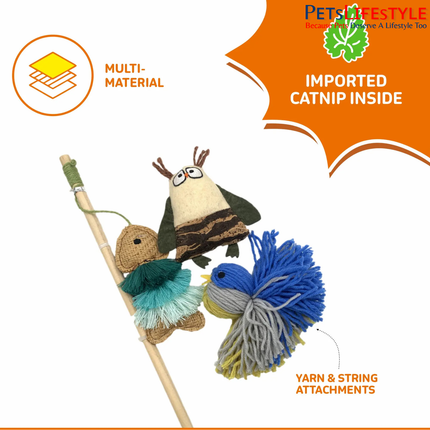 FOFOS Natural Cat Toy – Blue Bird & Fish with Wand