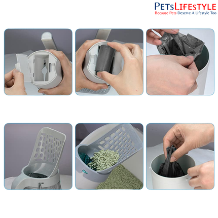 Integrated Cat Litter Scoop with Built-In Garbage Bag Box – All-in-One One-Hand Cleaning System (Grey)