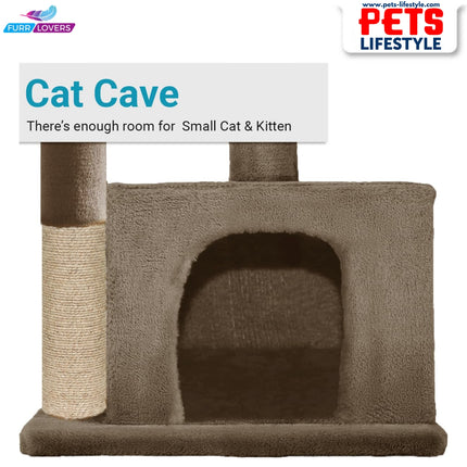 FURRLOVERS Condo Kitten Cat Tree – Plush Fur Fabric, Top Perch, Hanging Ball & Scratching Post (12x12 Inch Condo)