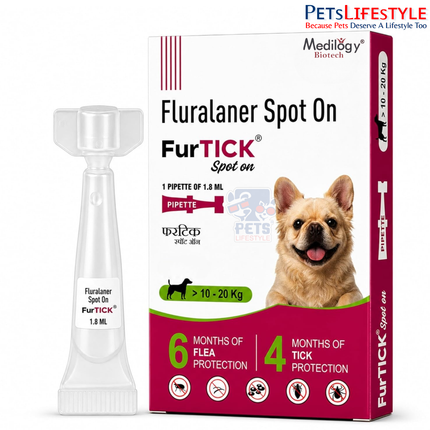 FurTICK Fluralaner Spot On for Dogs 10–20 kg , 1.8 mL pipette for long-lasting flea and tick protection.