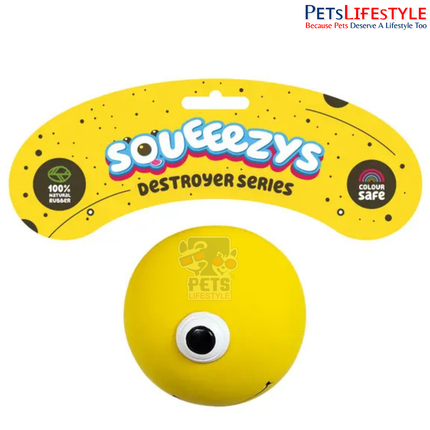 Squeeezys Latex Monster Ball Yellow Squeaky Dog Toy – Natural Latex Rubber Play Toy for Dogs