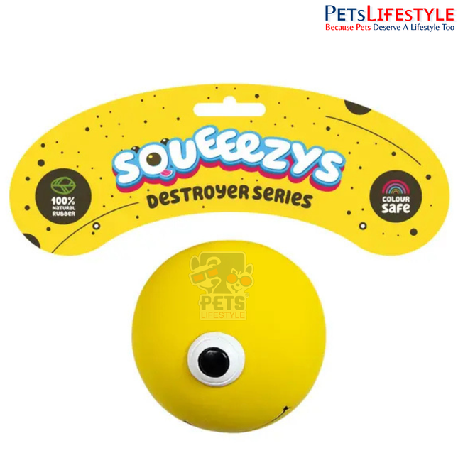 Squeeezys Latex Monster Ball Yellow Squeaky Dog Toy – Natural Latex Rubber Play Toy for Dogs