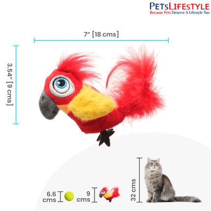 FOFOS Parrot Cat Toy – Interactive Plush Bird with Motion-Activated Sounds, Real Feathers & 3 Organic Catnip Balls, Red
