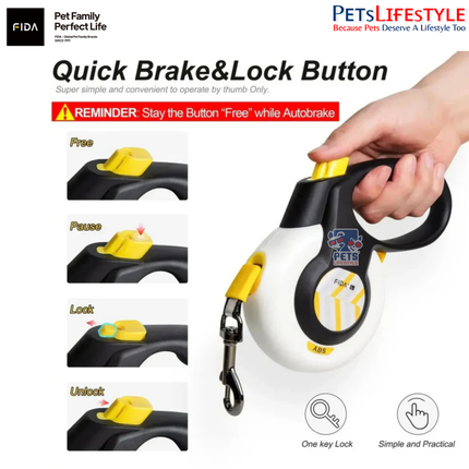 FIDA AutoBrake Retractable Dog Leash 16ft Safety Lock