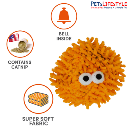 Fofos Geek Ball Cat Toy – Soft Plush Ball with Bell & Imported US-Grade Catnip for Kittens & Cats (Assorted Colours)