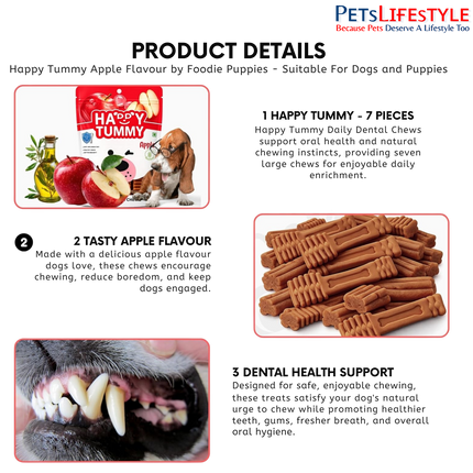 Gnawlers Happy Tummy Apple Dental Bone Treat for Medium & Large Dogs| Daily Dental Chew with Apple Fiber, Prebiotics & Eucalyptus Oil