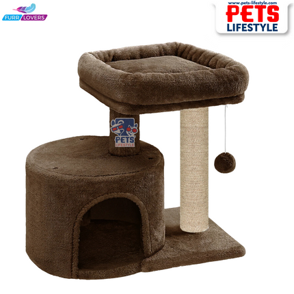 Compact Cat Tree with Scratching Post, Condo & Dangling Toy Ball – Plush Fabric (Small Space Friendly)