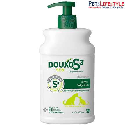 Douxo S3 SEB Seboregulating Shampoo for Dogs & Cats 500ml | Anti-Dandruff & Seborrhea Shampoo for Oily, Flaky & Odorous Skin
