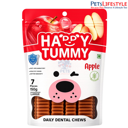 Gnawlers Happy Tummy Apple Dental Bone Treat for Medium & Large Dogs| Daily Dental Chew with Apple Fiber, Prebiotics & Eucalyptus Oil