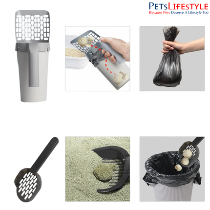 Integrated Cat Litter Scoop with Built-In Garbage Bag Box – All-in-One One-Hand Cleaning System (Grey)