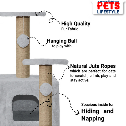 Canine Desk Soft Fur Activity Cat Tree – Natural Sisal Scratching Posts & Hanging Ball Toys