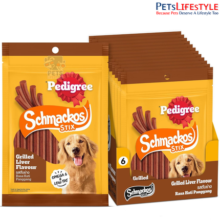 Pedigree Schmackos Stix Grilled Liver Flavour Dog Treat 70 g | Soft & Chewy Stix with Omega 6 & Low Fat