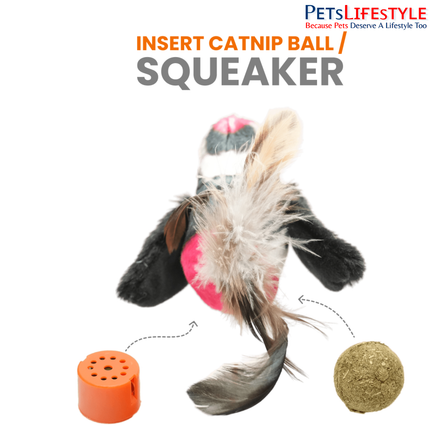 FOFOS Black Bird Cat Toy – Interactive Plush Bird with Motion-Activated Sounds, Real Feathers & 3 Organic Catnip Balls