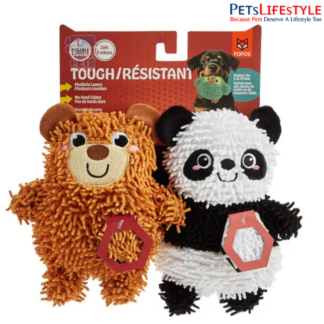 FOFOS Tough Dog Toy 2PK Bear & Panda – Dual-Layer Plush Squeaky Toys with Rope Body & Crinkle Paper for Dogs