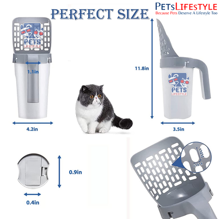 Integrated Cat Litter Scoop with Built-In Garbage Bag Box – All-in-One One-Hand Cleaning System (Grey)