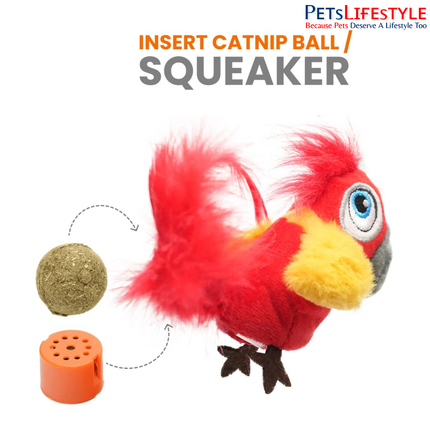 FOFOS Parrot Cat Toy – Interactive Plush Bird with Motion-Activated Sounds, Real Feathers & 3 Organic Catnip Balls, Red