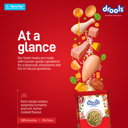 Advertisement for drools food packaging with ingredients on a red background