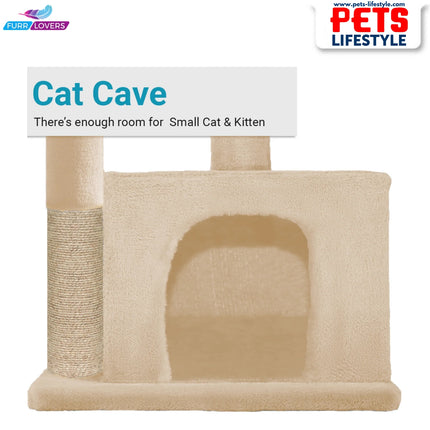 FURRLOVERS Condo Kitten Cat Tree – Plush Fur Fabric, Top Perch, Hanging Ball & Scratching Post (12x12 Inch Condo)