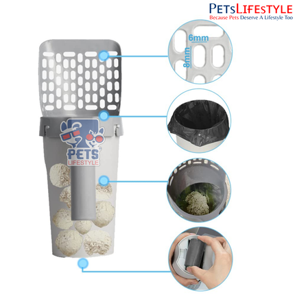 Integrated Cat Litter Scoop with Built-In Garbage Bag Box – All-in-One One-Hand Cleaning System (Grey)