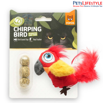 FOFOS Parrot Cat Toy – Interactive Plush Bird with Motion-Activated Sounds, Real Feathers & 3 Organic Catnip Balls, Red