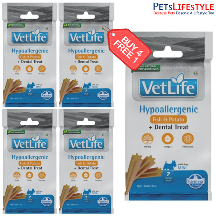 Farmina Vet Life Hypoallergenic Fish & Potato Dental Treat 60g (4+1 Offer) for Mini Adult Dogs