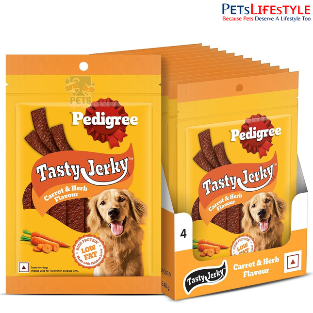 Pedigree Tasty Jerky Dog Treats – Carrot & Herb Flavour | Soft & Chewy High-Protein, Low-Fat Treats with Real Chicken Liver | 70 g